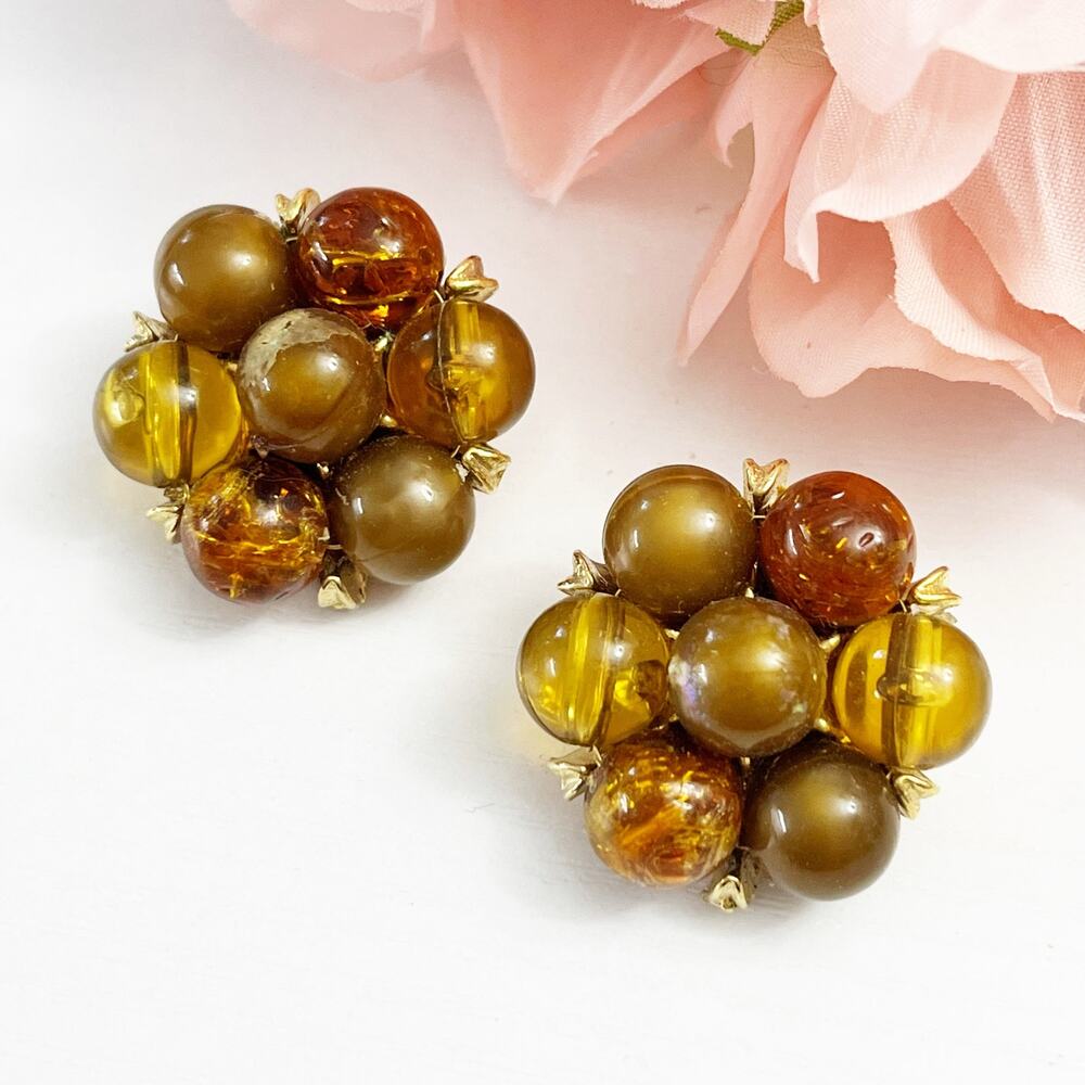 Kramer New York Vintage Brown Beaded Cluster Clip Earrings